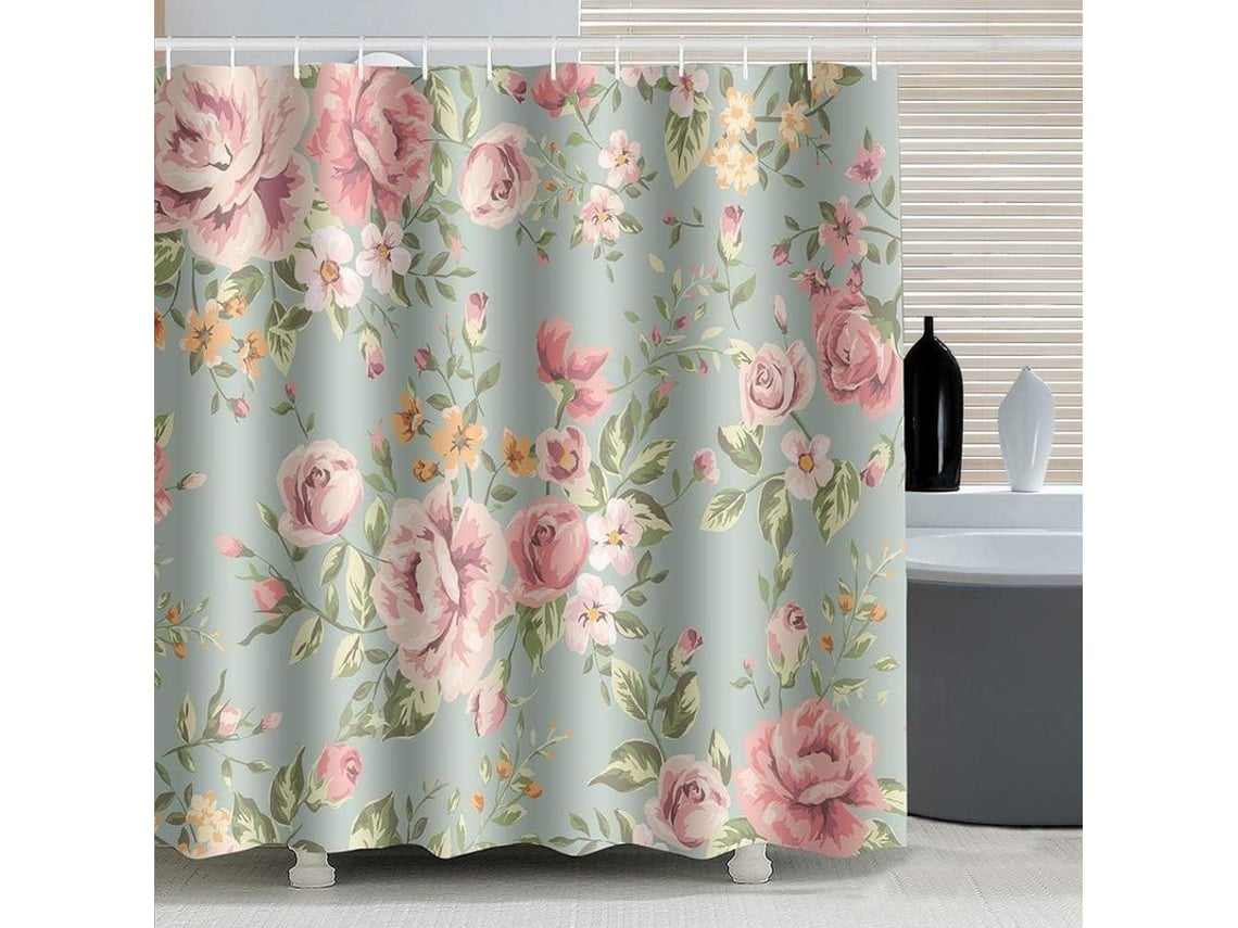 2026-cortina De Ducha Linjou De Rosas Rosadas 180x180cm Impermeable Antimoho Con 12 Ganchos Verdes