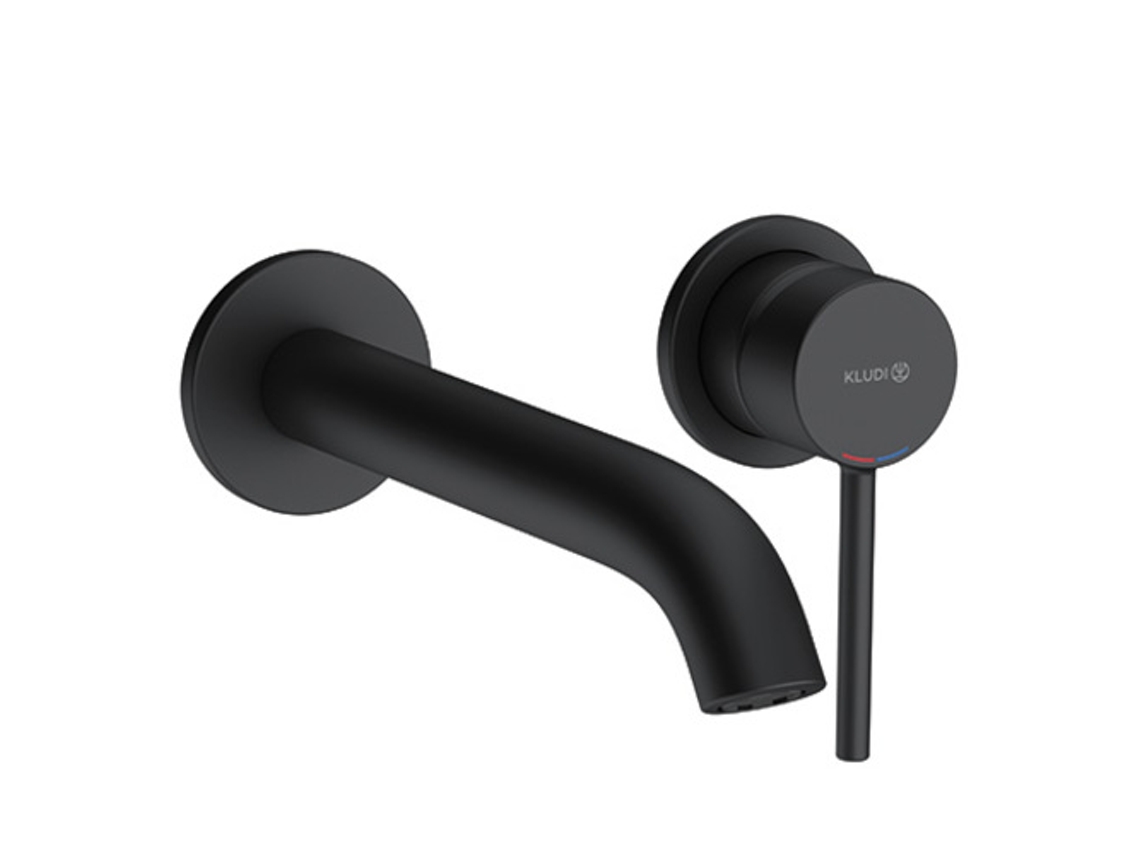 Grifo monomando de pared Kludi Bozz con dos orificios, saliente de 230 mm, 382453976, color negro mate