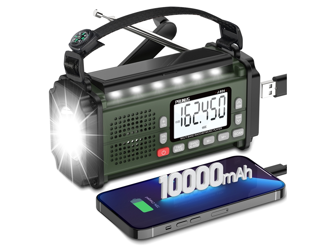 Radio de emergencia portátil AM/FM con carga solar, manivela, USB, pilas AA, linterna, lámpara de lectura y alarma SOS. Viewleaf
