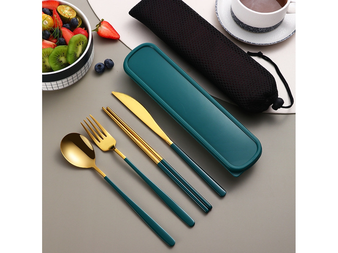 (oro Verde) Juego De Cubiertos Portátil De Acero Inoxidable 304, Que Incluye Cuchillo, Tenedor, Cuchara Y Caja De Almacenamiento.