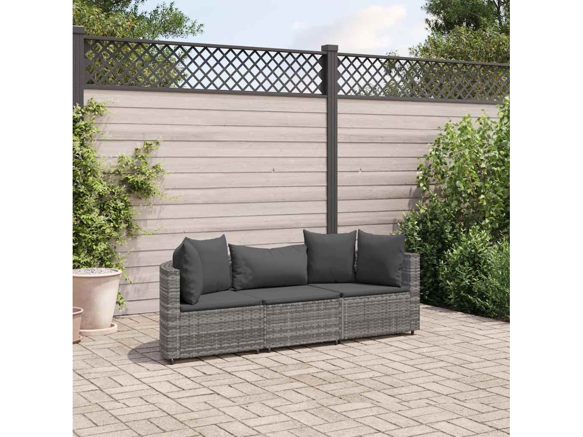 Conjunto de sofá de jardín de 3 piezas con cojines, ratán gris, DKD Home Decor