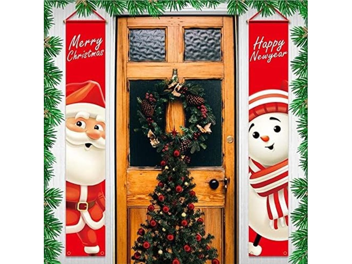 Guirnalda Navideña Con Papá Noel Y Muñeco De Nieve, 180x30cm, Para Puerta.