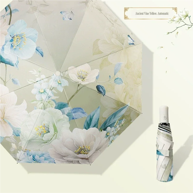 (estilo 2 8k) Guarda-chuva De Sol Com Estampa De Flores Chinesas, Guarda-chuva Dobrável De Dupla Função Com Proteção Uv