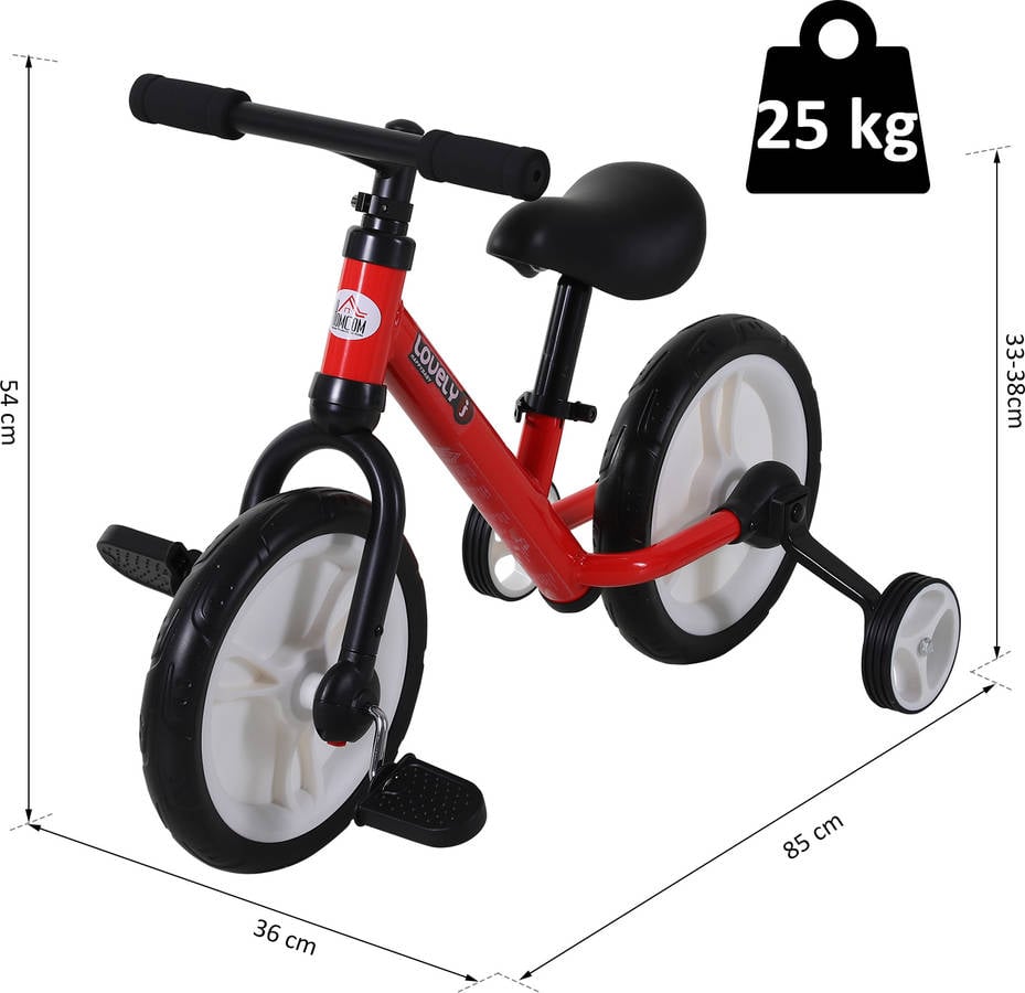 Bicicleta Equilibrio 2 en 1 homcom rojo 85x36x54 cm con pedales y ruedas 3338cm