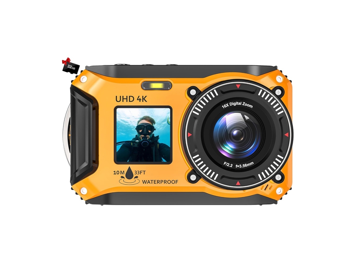 Cámara Sumergible 4k 64mp 33ft Pantalla Dual Zoom 16x 32gb (amarillo)