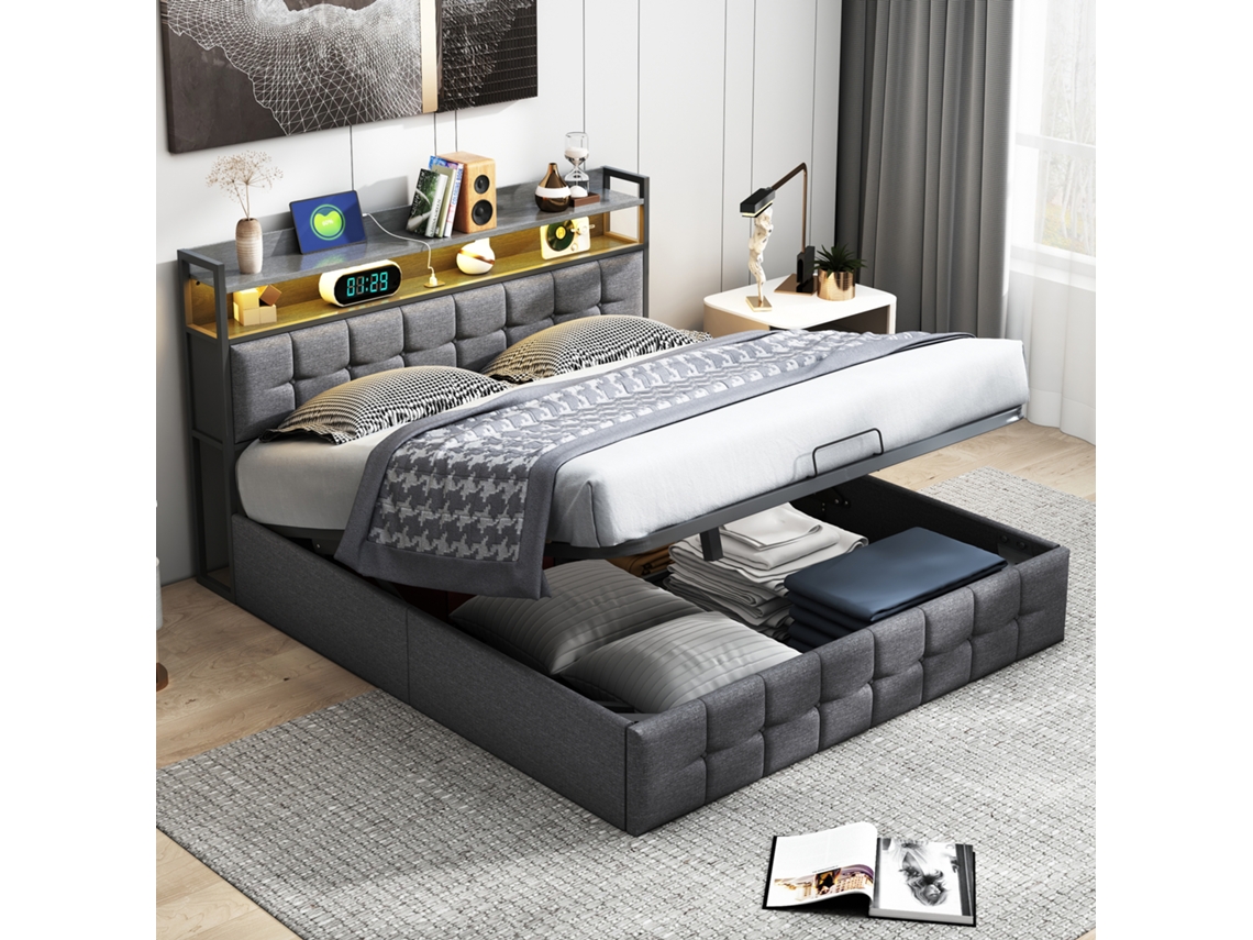 Cama Doble Con Iluminación Led Y Puerto Usb,barra Hidráulica De Almacenamiento,cabecero Tapizado En Tela De Lino Gris,140x190cm,sin Colchón