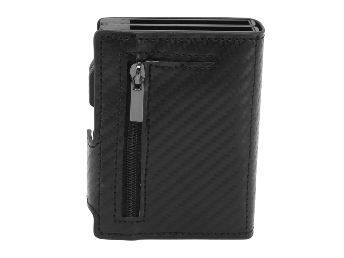 Cartera Multifuncional Antirrobo Fabricada En Aleación De Aluminio Y Cuero Sintético Con Ranura Para Localizador Ios, Fibra De Carbono Negra.