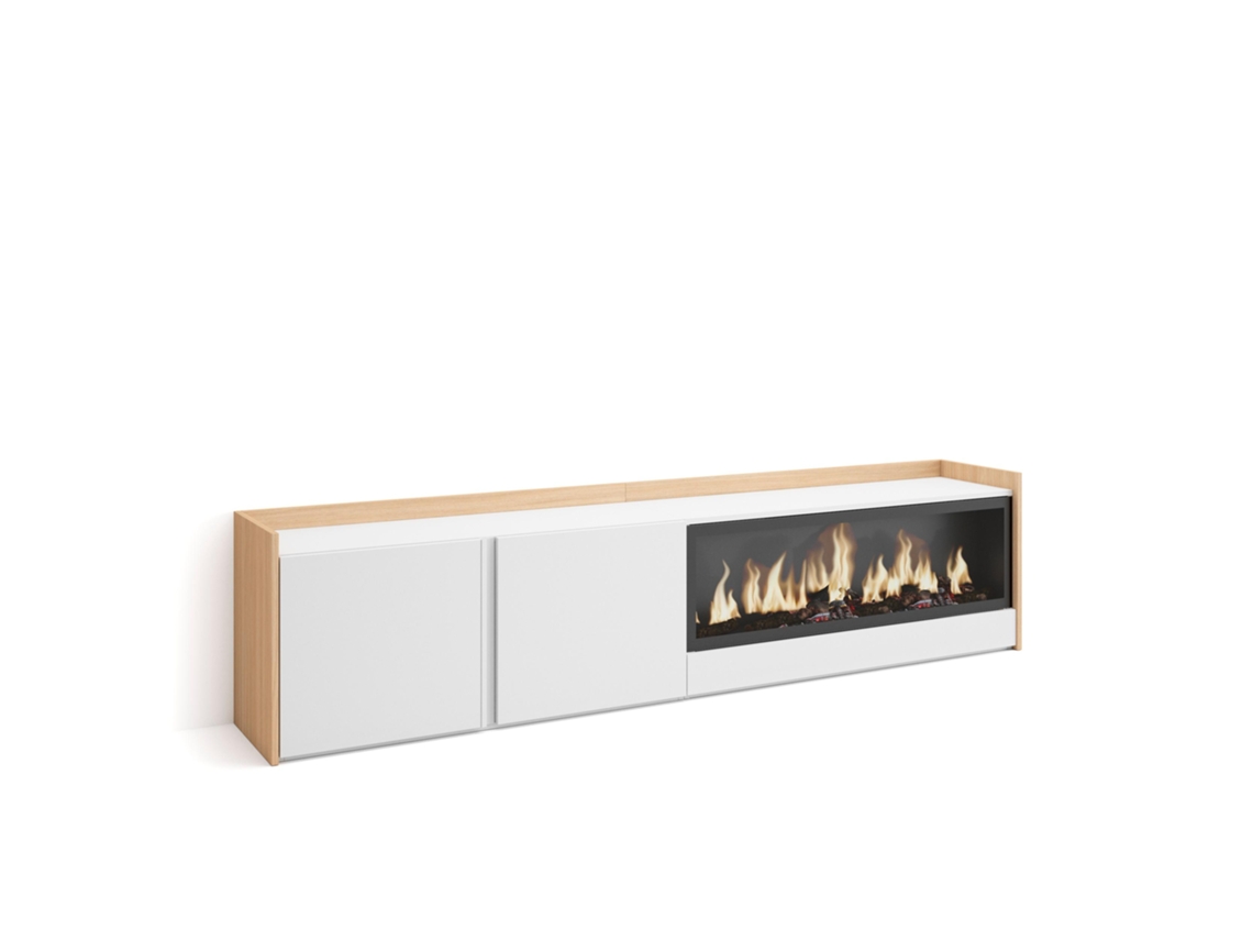 Mueble para TV, 212x35x50cm, para televisores de hasta 80'', chimenea eléctrica XXL, blanco y roble claro.