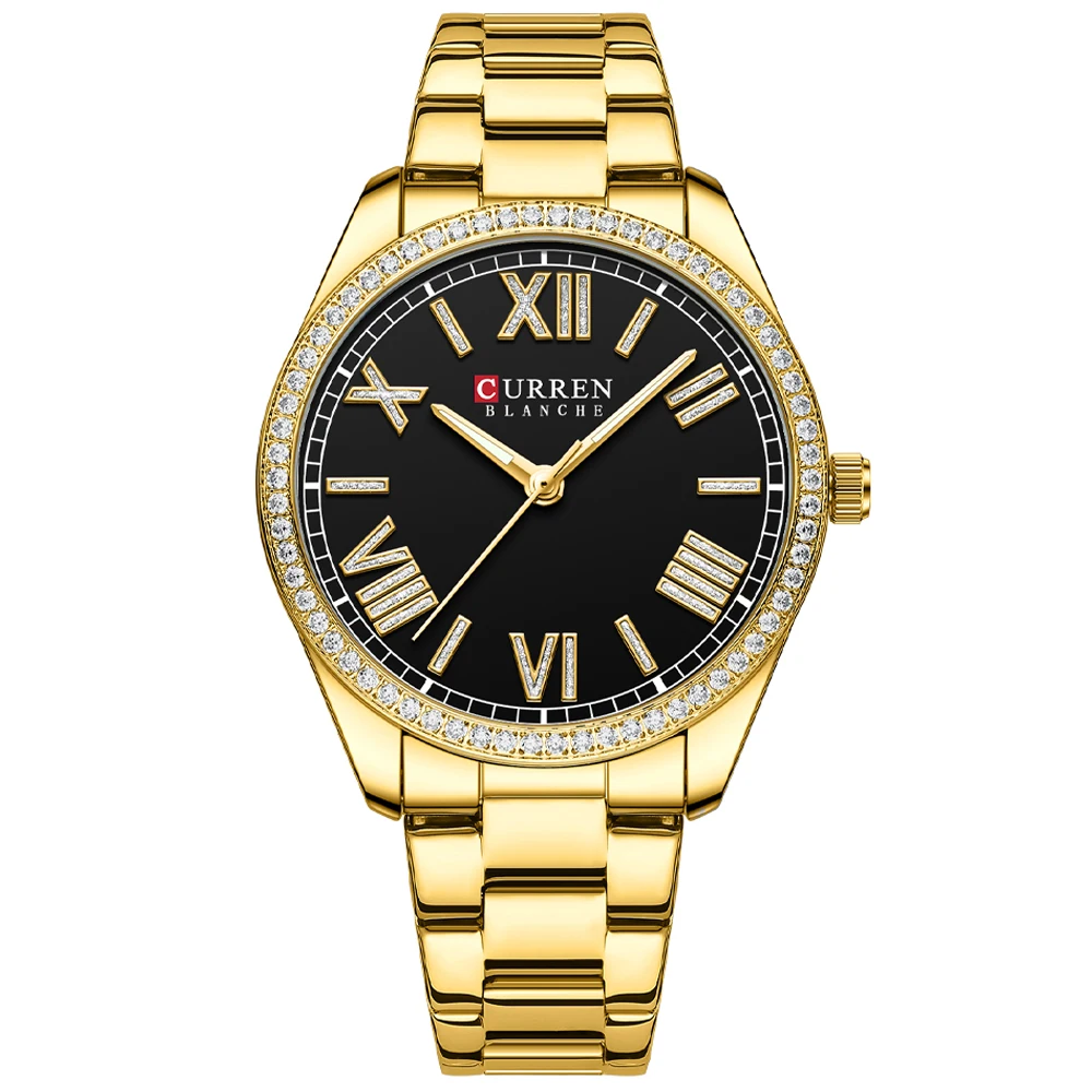 Reloj de pulsera para mujer (dorado y negro), esfera con incrustaciones de diamantes, elegantes agujas luminosas, caja de acero inoxidable.