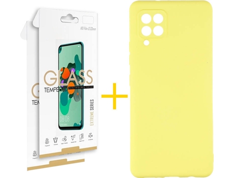 Funda y Protector 2x de Vidrio Samsung Galaxy A42 5G SKYHE Silicona Líquida Amarillo