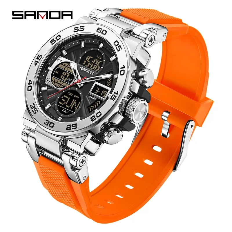 Reloj De Hombre Multifuncional Con Cronógrafo, Alarma Y Doble Pantalla (plateado Y Naranja), Resistente Al Agua.