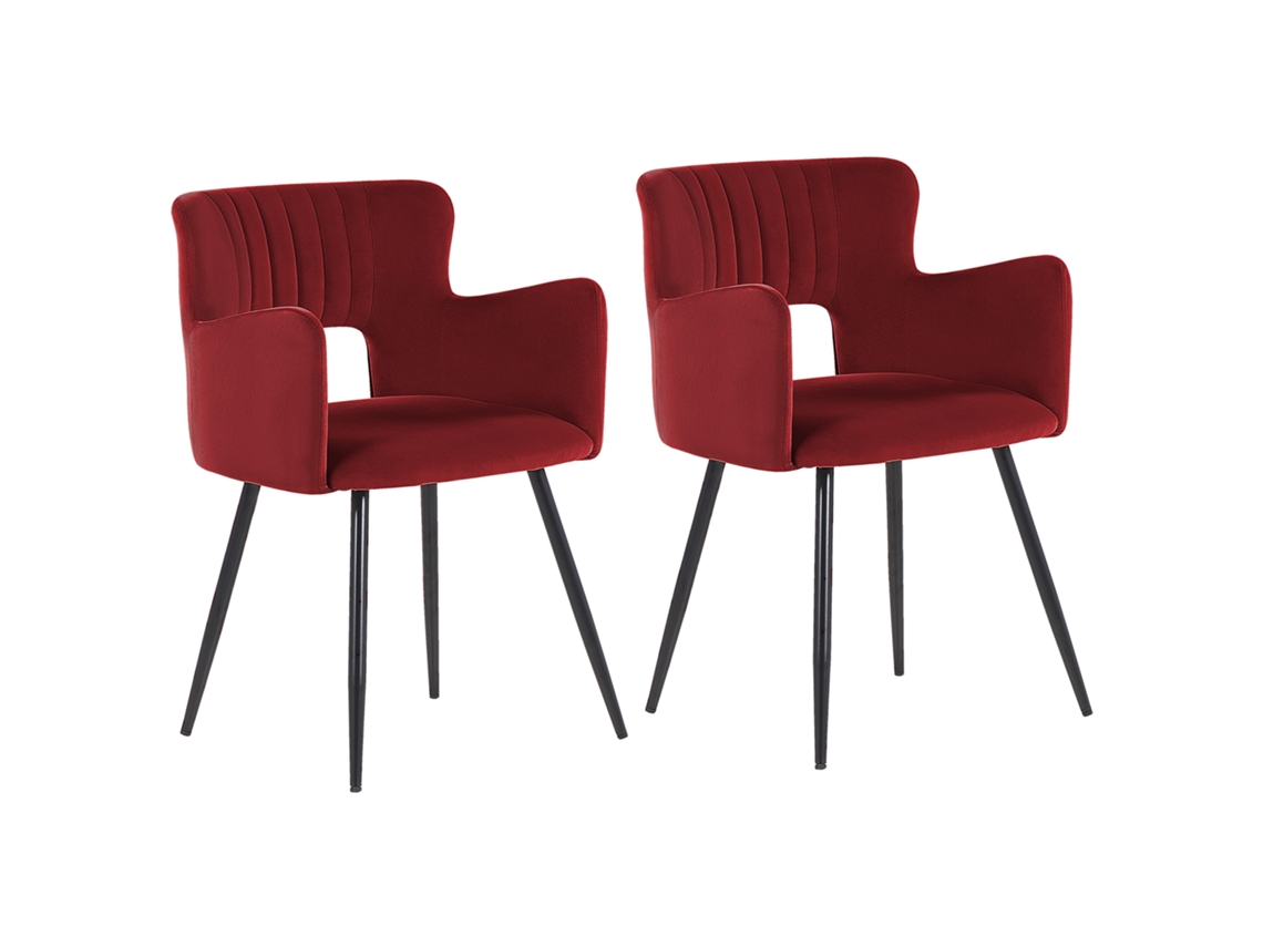 Conjunto de 2 cadeiras de refeição com apoios de braços BELIANI Sanilac de Veludo Vermelho 52x44x75