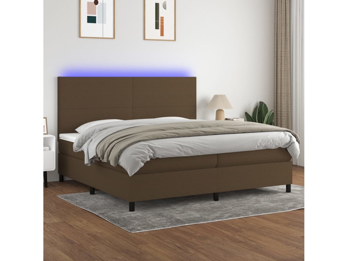 Cama Box Spring Colchón Luces Led Tela Marrón Oscuro 200x200 Cm
