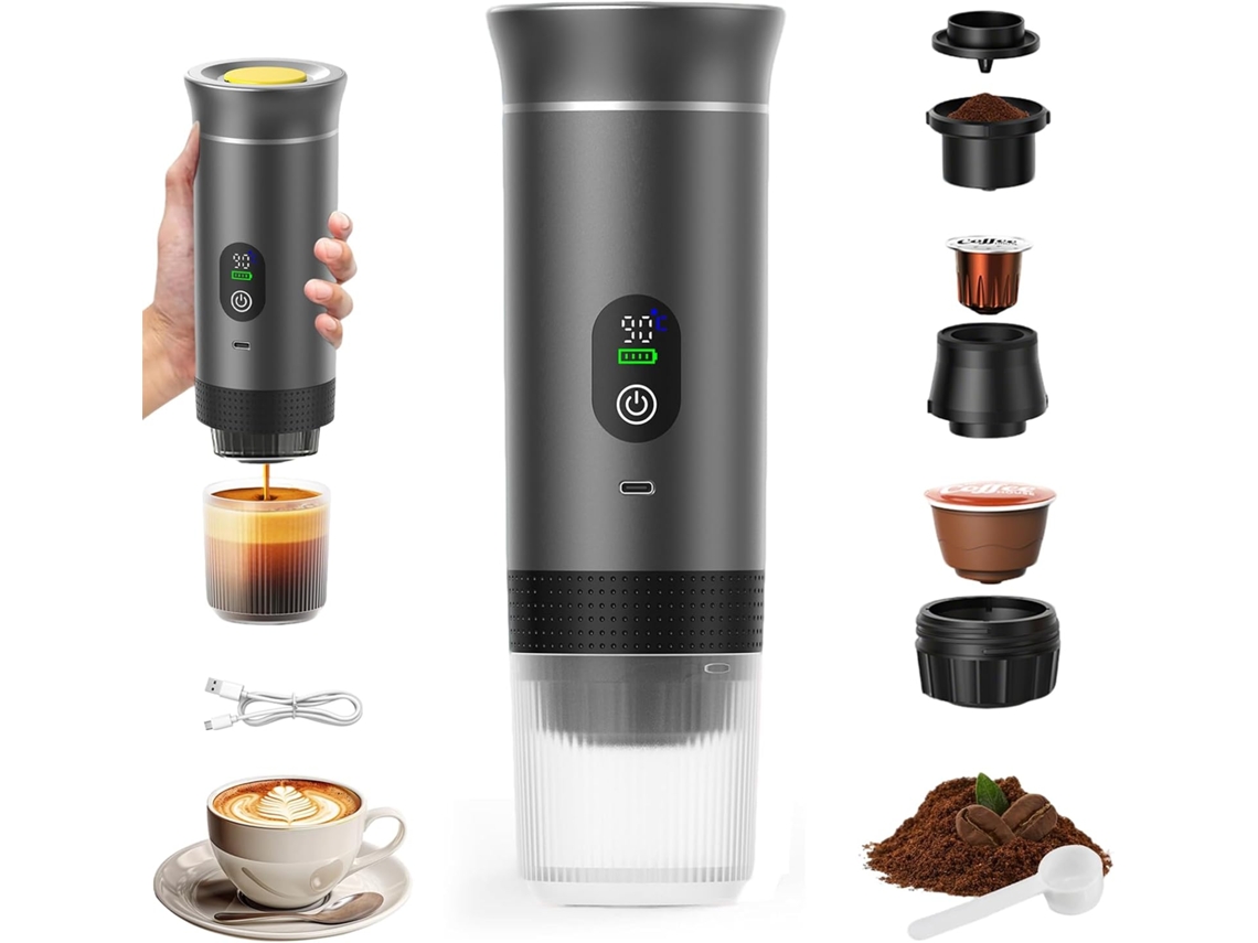 Cafetera portátil con pantalla digital, de cápsulas pequeñas, apta para café molido y cápsulas grandes y pequeñas (gris)