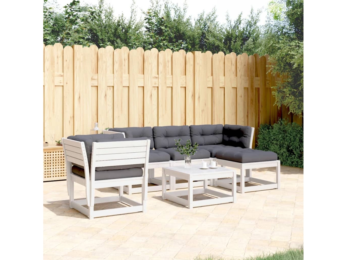Conjunto 5 Peças Lounge De Jardim C/ Almofadões Pinho Maciço Branco Dkd Home Decor
