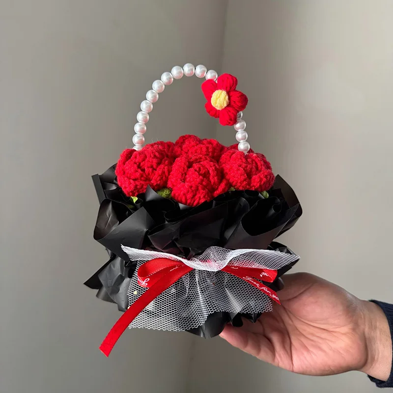 Decoración De Cesta De Flores De Ganchillo, Ramo Artificial Tejido A Mano, Regalo De San Valentín