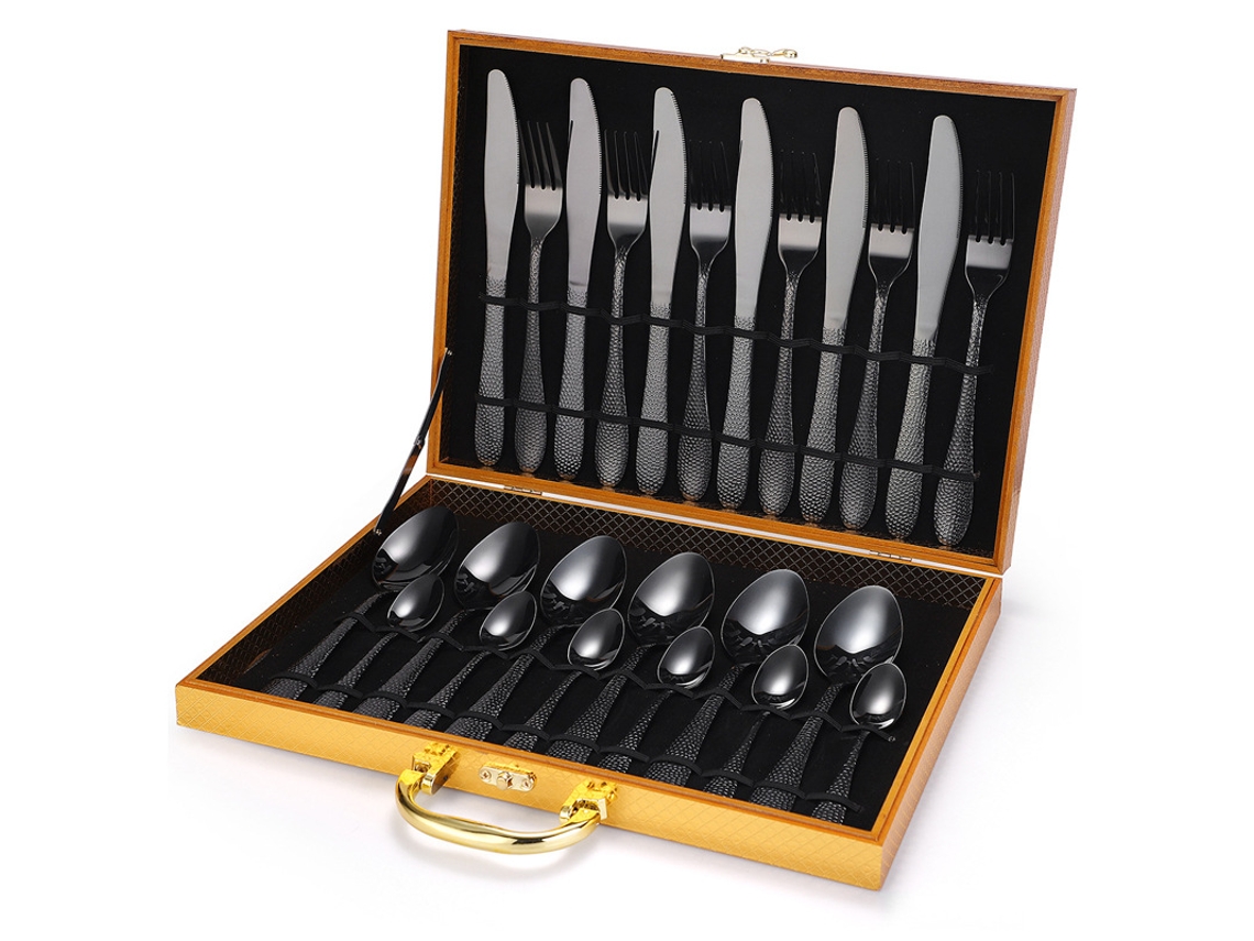 Juego de cubiertos de acero inoxidable de 24 piezas, negro, MDUG (cuchillo, tenedor, cuchara, cucharilla) MDUG