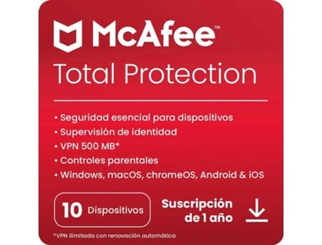 Software MCAFEE Total Protection (10 Dispositivos - Windows, macOS, chromeOS, Android e iOS - 1 año - Formato Digital)