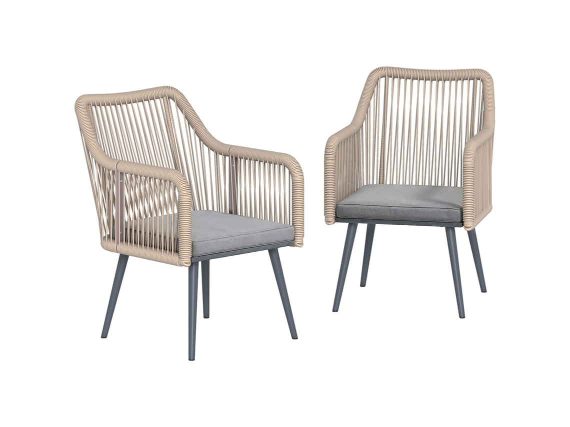 Conjunto 2 Cadeiras Jardim Exterior Vime Almofadas Apoios Braço Aço 54x65x80cm Cinza
