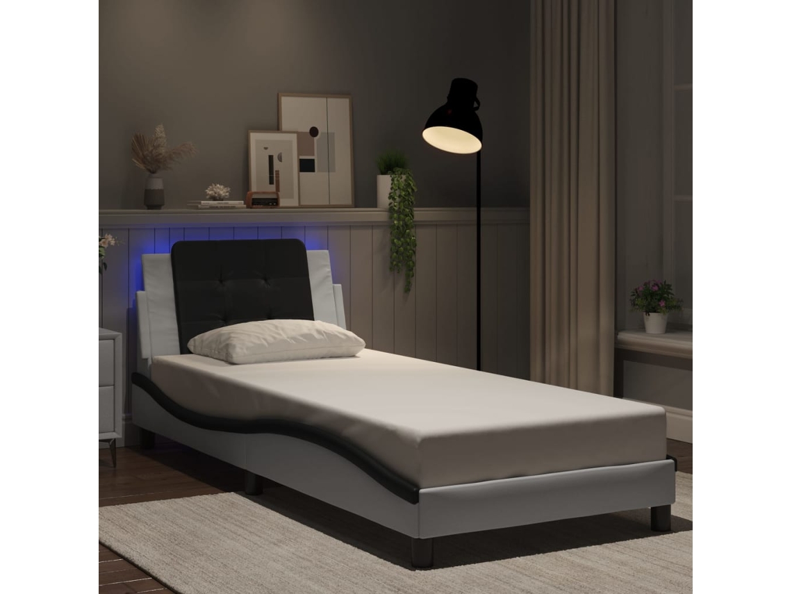 Estructura Cama Con Led Cuero Sintético Blanco Y Negro 90x190cm