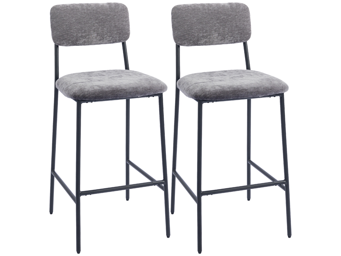 Juego 2 Taburetes Bar Tapizados Respaldo Reposapiés Tela Acero Gris