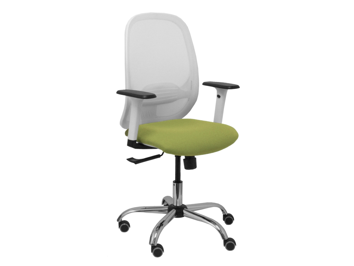 Silla de oficina Cilanco con mecanismo sincronizado, tapizada en tela verde oliva y malla blanca.