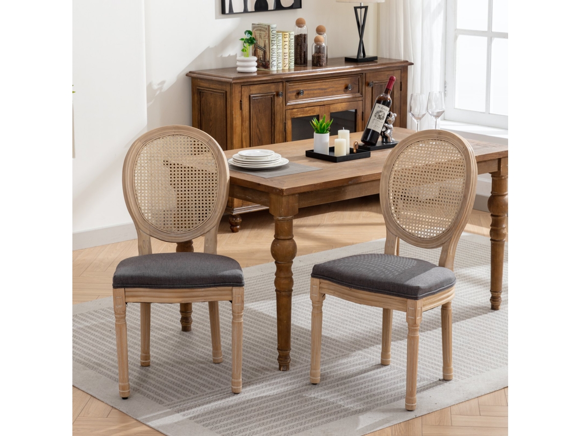 Juego de 2 sillas de comedor estilo francés, madera maciza, respaldo de ratán y lino, color gris, Mobrio