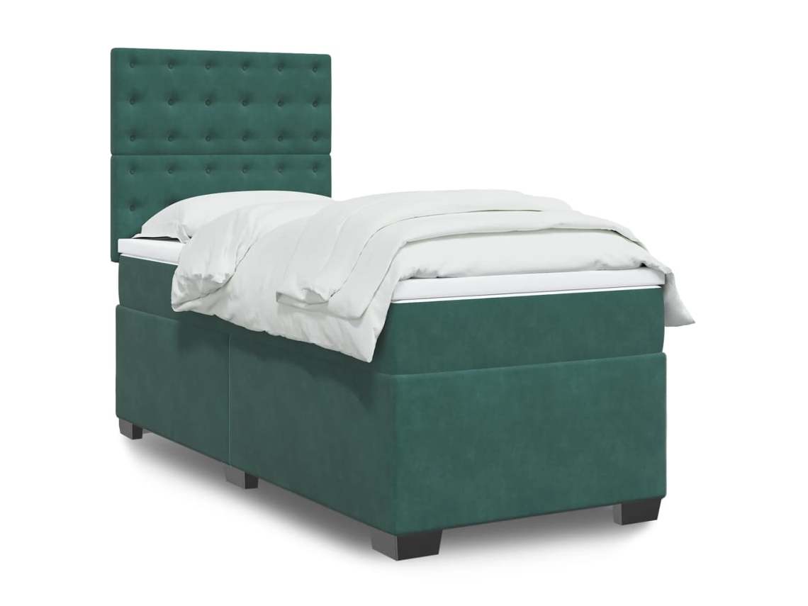 Cama Box Spring Con Colchón Terciopelo Verde Oscuro 100x200 Cm