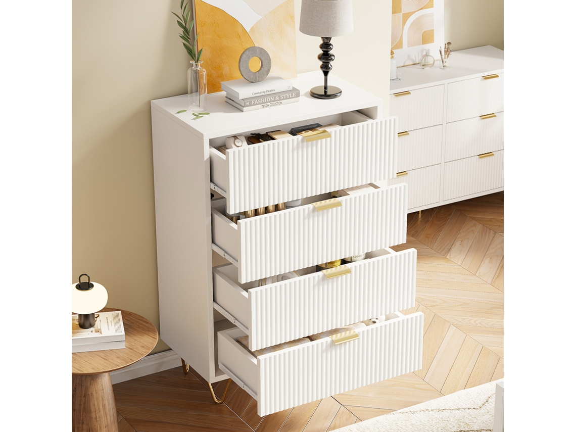 Cómoda moderna blanca con 4 cajones, 60x34x91cm, aparador para salón, dormitorio y recibidor Rosahqnda