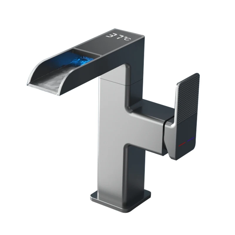 (gris Metálico) Lavabo Grifo Led Luz Temperatura Pantalla Digital 360 Grados De Rotación Mezcla De Agua Fría Y Caliente