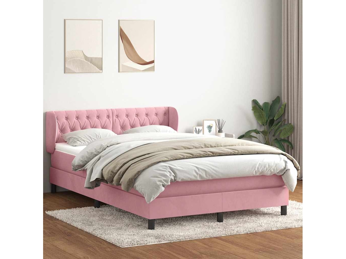 Cama Box Spring Con Colchón Terciopelo Rosa 160x210 Cm