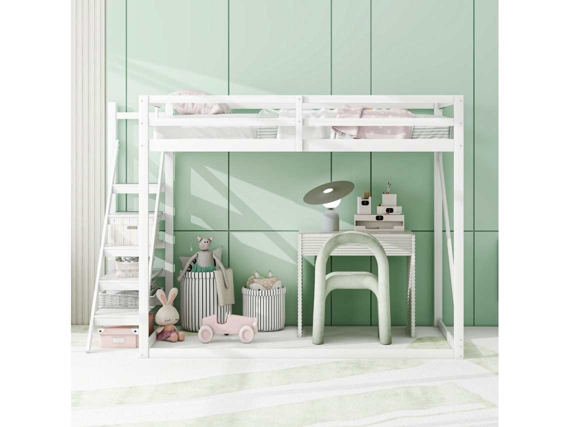Litera Infantil 140x200 con Escalera de Seguridad, Litera de Madera Maciza con Somier, Adecuada para Niños.