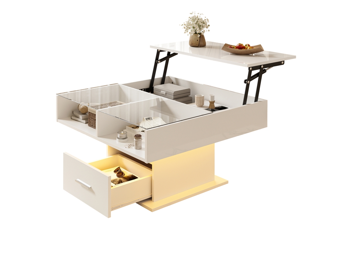 Mesa De Centro Elevable – Con Iluminación Led, Altura Ajustable, Diseño Moderno – Blanco