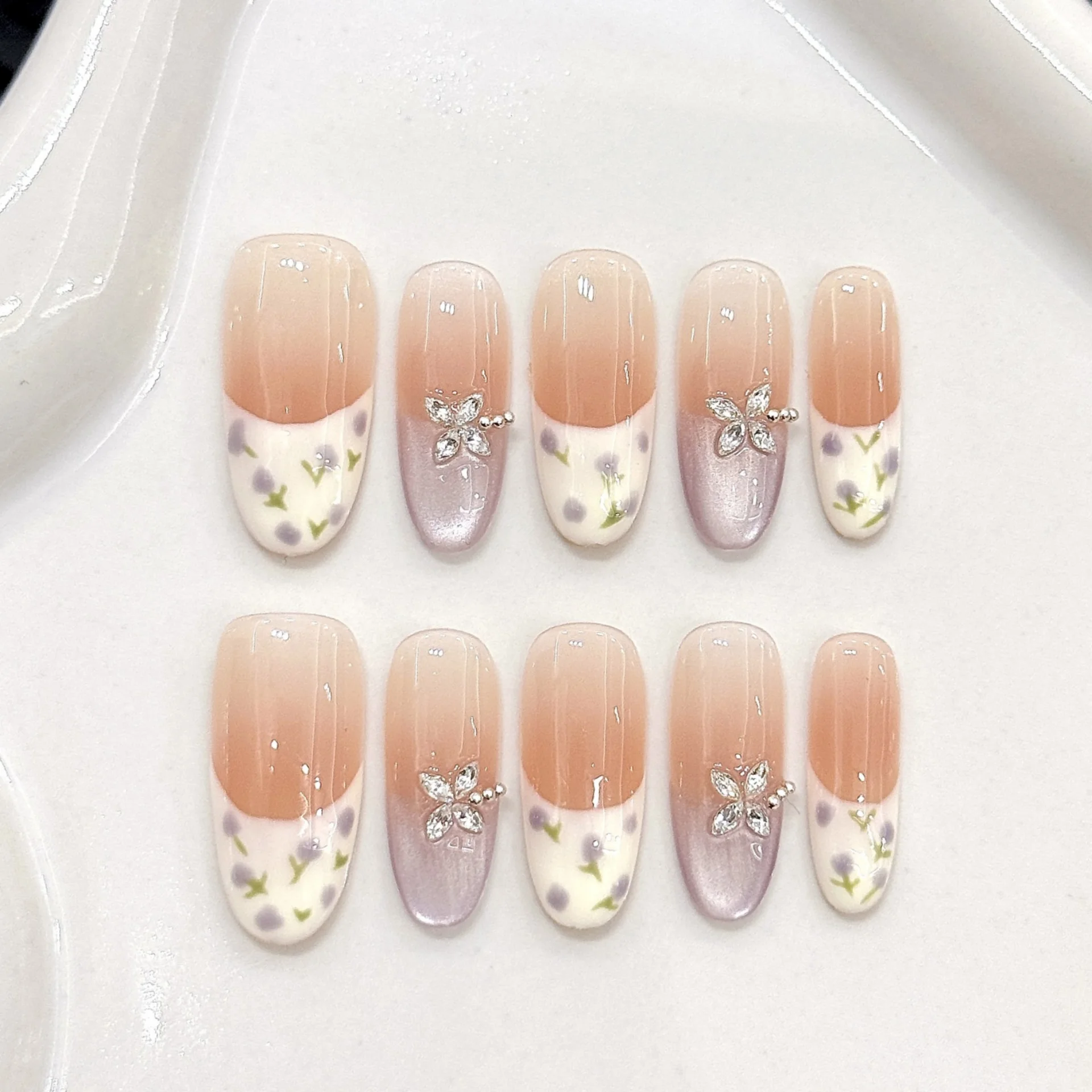 (819-xs) Set De 10 Uñas Postizas Ovaladas Estilo Ojo De Gato Hechas A Mano