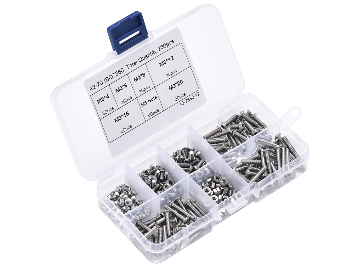 Kit Surtido De 230 Tornillos Y Tuercas Allen De Cabeza Hexagonal Con Accionamiento Allen, De Acero Inoxidable 304, M3.
