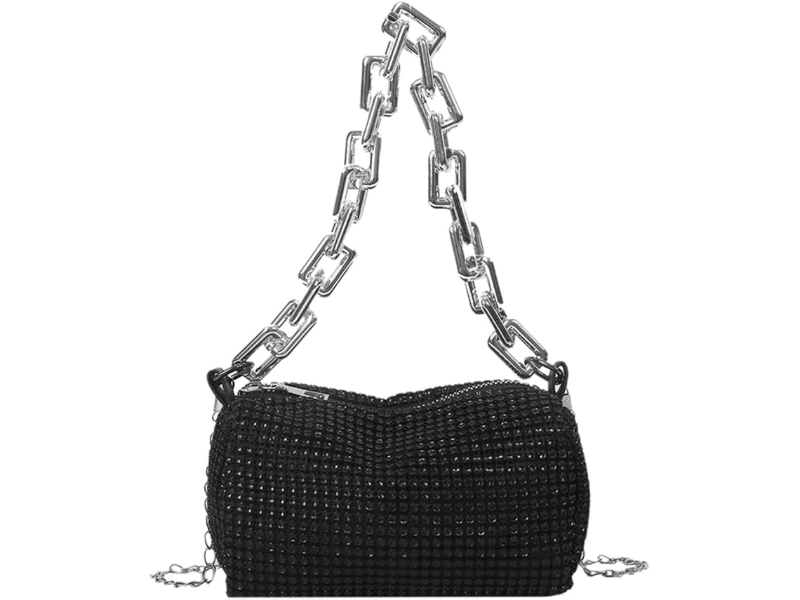 Bolsa Feminina Preta Com Strass, Em Acrílico E Poliéster, Design Único E Elegante, Com Alça De Ombro.