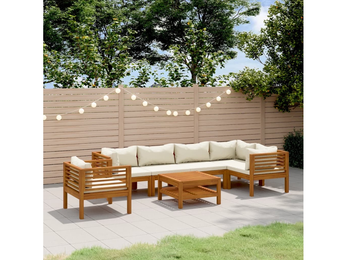 7 Piezas Conjunto Lounge Jardim C/ Almofadões Creme Acácia Maciça Dkd Decoración Del Hogar