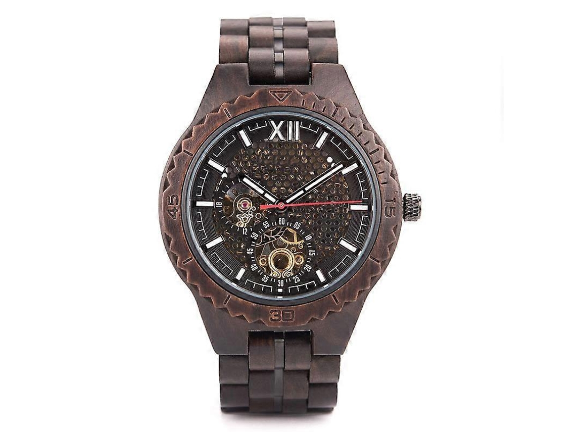 Reloj mecánico Hengrongshen para hombre con esfera hueca y correa de madera