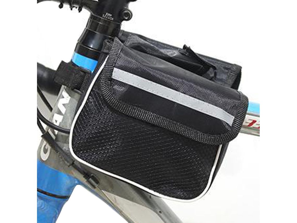Bolsa de almacenamiento para cuadro de bicicleta sin marca, con dos bolsillos y tubo frontal negro.