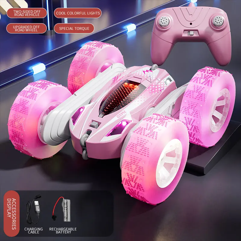 Coche acrobático teledirigido con doble giro, para derrapes, con luces MDUG (rosa)