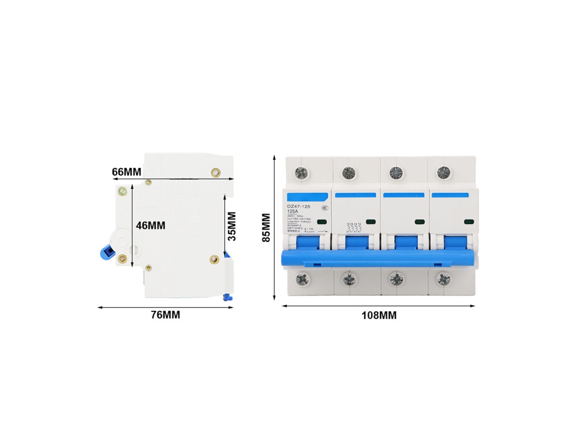 2026dz - Interruptor automático miniatura de 125 A, 4 polos, 400 V con protección contra sobrecarga para uso residencial.