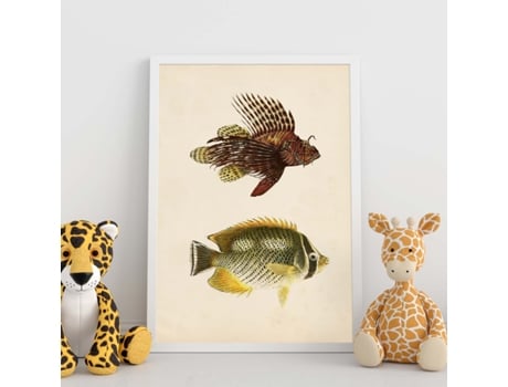 Póster NACNIC de Dos Peces Marron, Amarillo y Verde en , Fondo Papel Vintage.