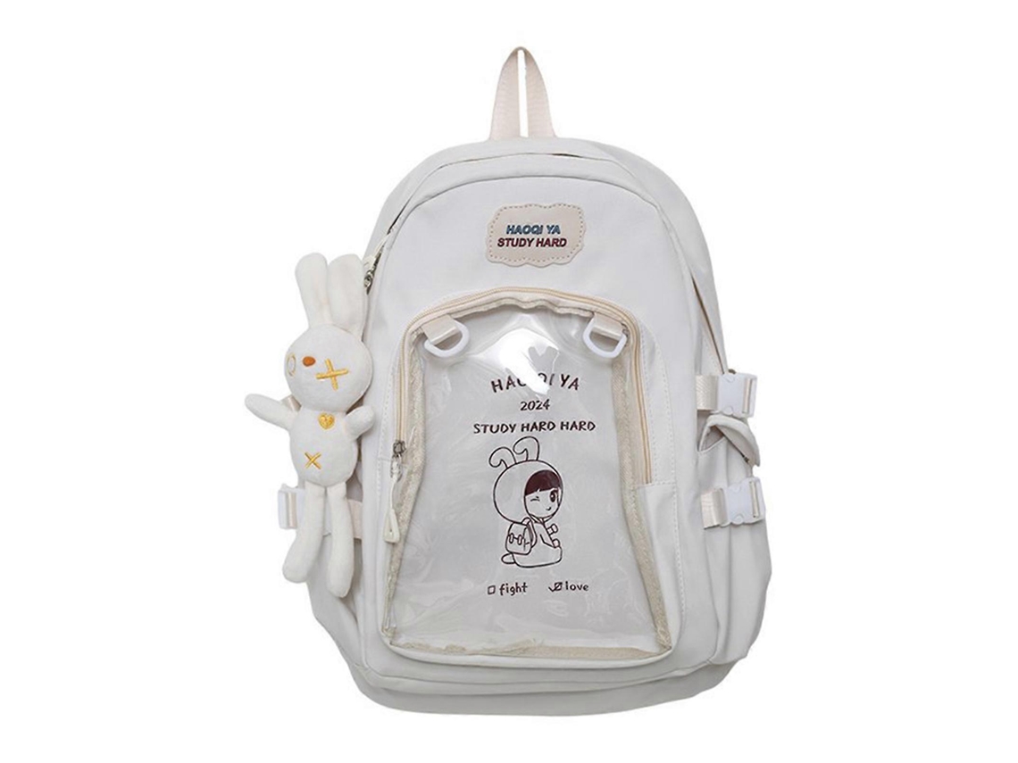 Mochila escolar ergonómica y transparente con colgante extraíble, ideal para amantes de la moda, en color blanco.