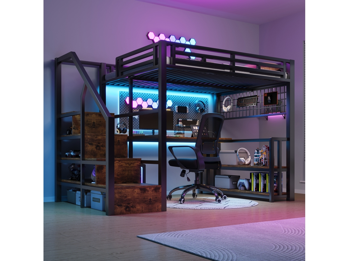 Cama Alta 140x200 Cm - Marco De Hierro, Escritorio, Led, Estantería, Usb/tipo-c - Negro