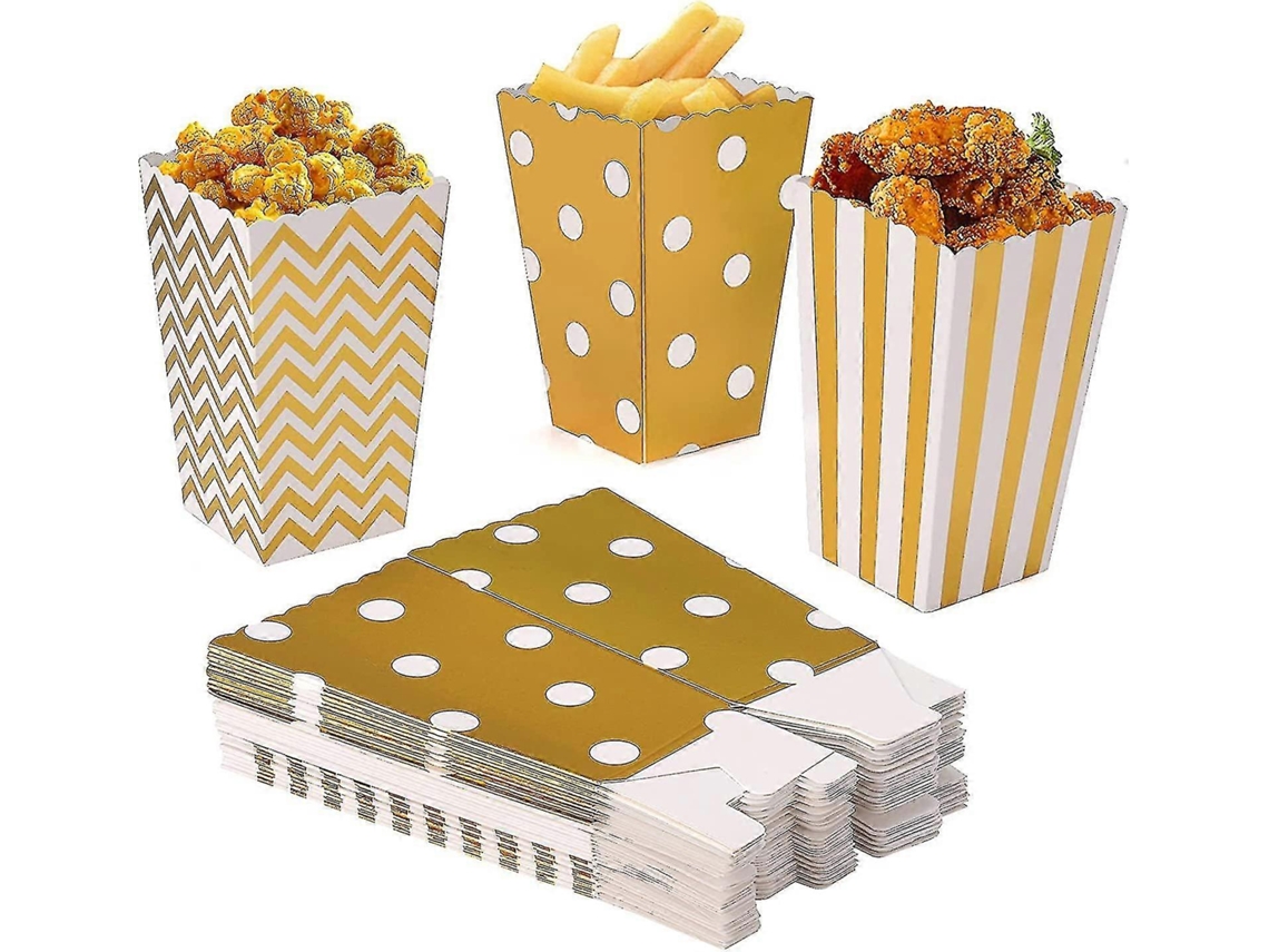 Caja De Palomitas De Maíz Gold 120 Unidades De Papel Con 3 Diseños Para Fiestas Cumpleaños Y Eventos