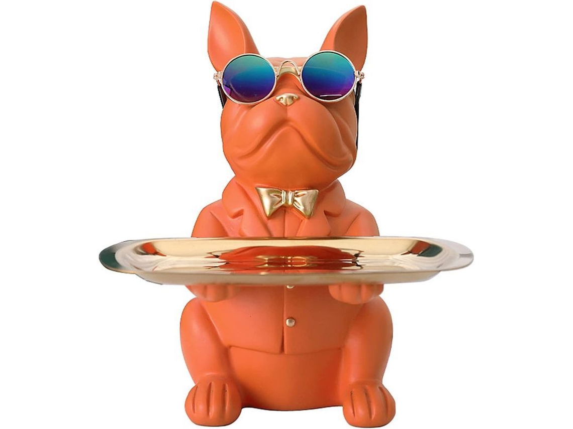 Figura De Bulldog Francés Con Bandeja De Acero Inoxidable Y Llavero De Mesa Naranja.