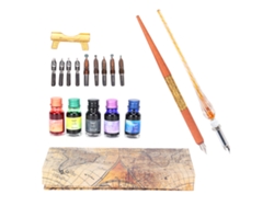 Kit Pluma De Inyección 12.5x33x4cm Con Puntas Planas Redondas, Porta Tinta, 2 Plumas Y 5 Tintas Para Caligrafía Y Dibujo Marrón Oro