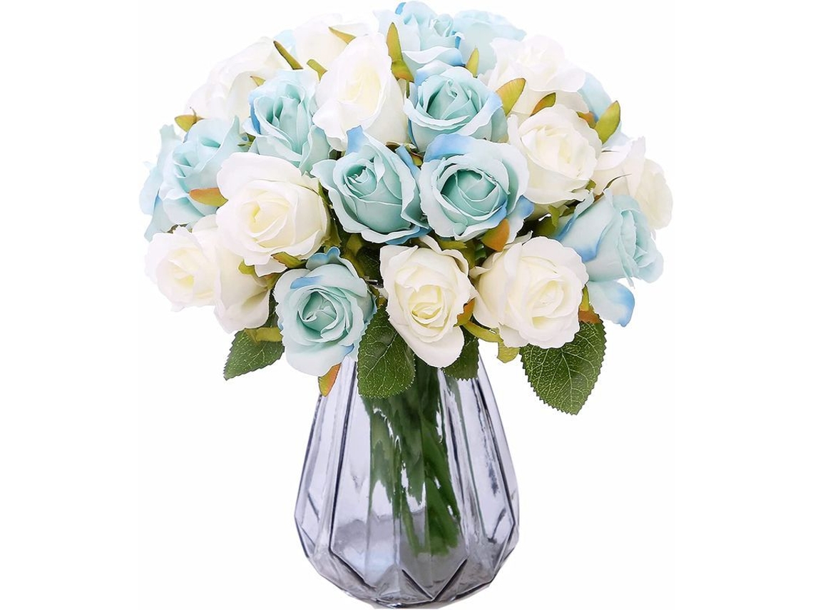 Ramo De Rosas Artificiales De Seda De 24 Cabezas Para Bodas En Casa (2 Paquetes: Azul Y Blanco)