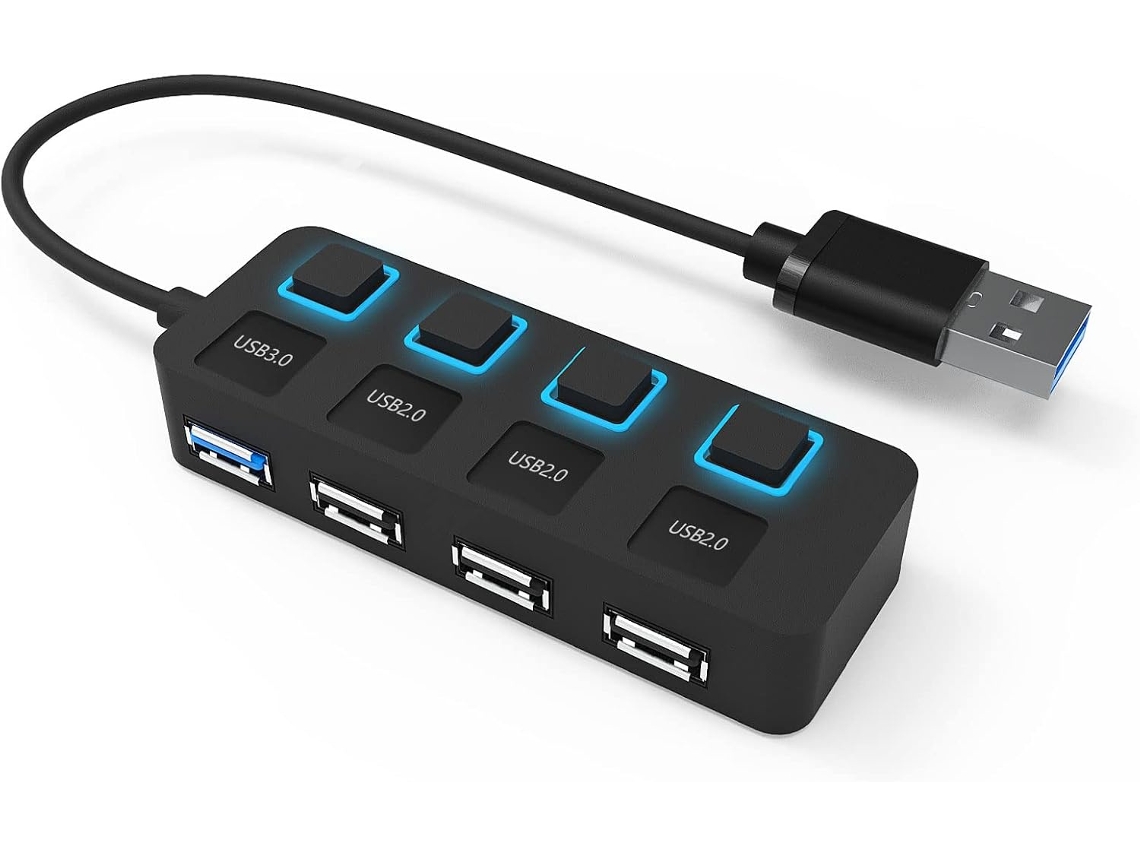 Concentrador Usb 3.0 De 4 Puertos Con Alimentación Y Interruptores Led Individuales Para Portátiles, Pc, Macbook E Impresoras (negro)