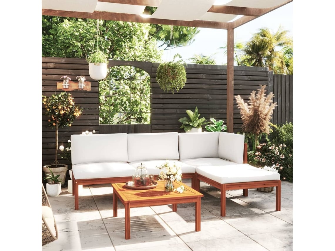 Pcs Conjunto Lounge Jardim C/ Almofadões Acácia Maciça Creme Dkd Home Decor